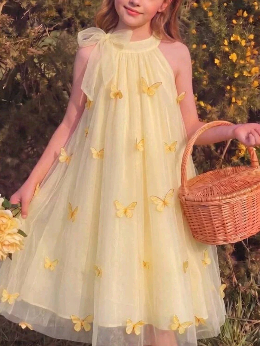 Yellow Butterfly Tulle Halter Kids Dress